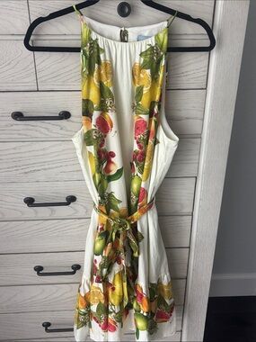 ANTONIO MELANI White Midi Dress with Yellow & Green Citrus Print
